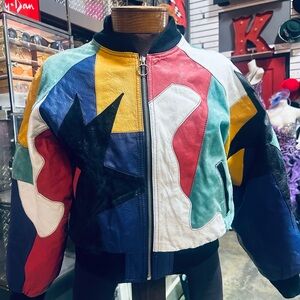Club 66 by Tip Top SUPER FUN Multicolor Patchwork Leather Bomber Jacket